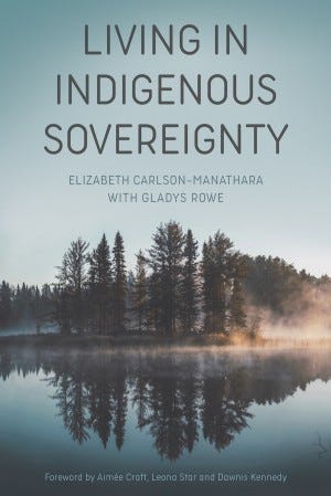 cover of the book Living in Indigenous Sovereignty. nice photo of trees reflected in a lake with some mist on the side